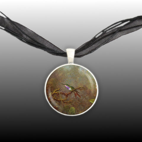 Amethyst Woodstar Hummingbird Art Painting 1" Pendant Necklace in Silver Tone