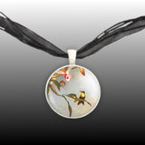 Hummingbird & Butterfly Art Painting Pendant Necklace in Silver Tone