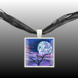 Tree Silhouette Against Moon & Purple Sky Illustration Art Pendant Necklace in Silver Tone