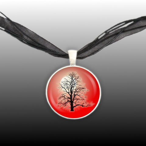Bare Maple Tree w/o Leaves Silhouette Against Moon w/ Red Background 1" Pendant Necklace in Silver Tone