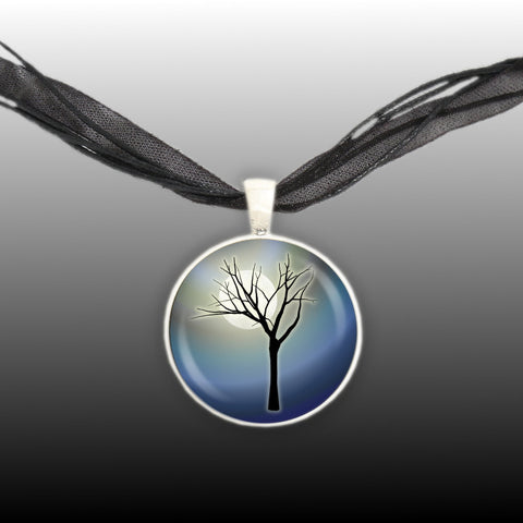 Bare Tree w/o Leaves Silhouette in the Moon Light w/ Blue Swirl Background 1" Pendant Necklace in Silver Tone