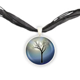 Bare Tree w/o Leaves Silhouette in the Moon Light w/ Blue Swirl Background Pendant Necklace in Silver Tone