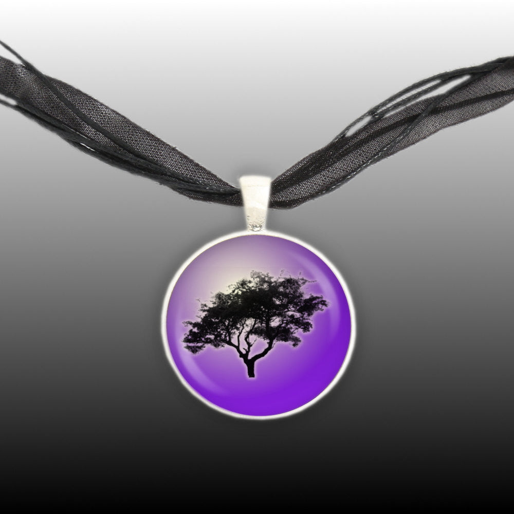 Leafy Tree Silhouette w/ Purple Background Pendant Necklace in Silver Tone