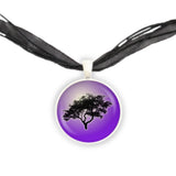 Leafy Tree Silhouette w/ Purple Background Pendant Necklace in Silver Tone