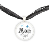 Mom in Leaf Design w/ Blue Butterflies & White Background Art Pendant Illustration Necklace in Silver Tone