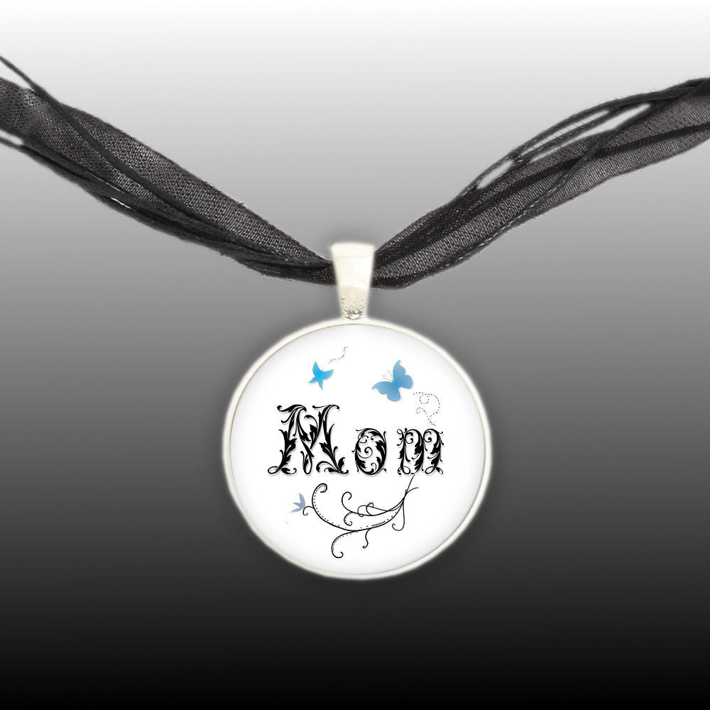 Mom in Leaf Design w/ Blue Butterflies & White Background Art Pendant Illustration Necklace in Silver Tone