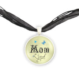 Mom in Leaf Design w/ Blue Butterflies & Yellow Background Art Pendant Illustration Necklace in Silver Tone