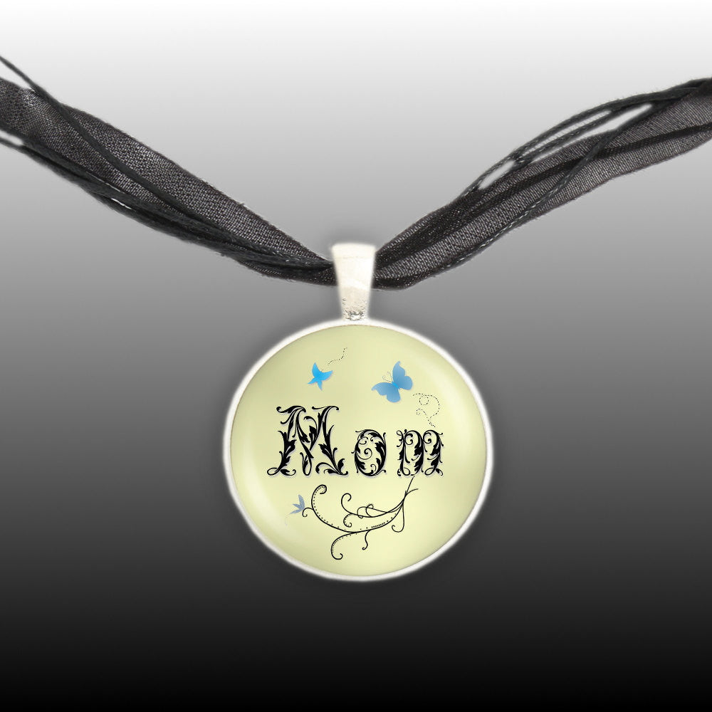 Mom in Leaf Design w/ Blue Butterflies & Yellow Background Art Pendant Illustration Necklace in Silver Tone
