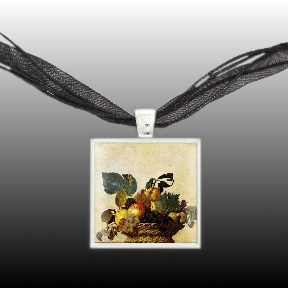 Basket of Fruit From Art By Caravaggio Painting Pendant Necklace in Silver Tone