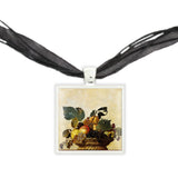 Basket of Fruit From Art By Caravaggio Painting Pendant Necklace in Silver Tone