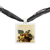 Basket of Fruit From Art By Caravaggio Painting Pendant Necklace in Silver Tone