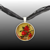 Red Rose Flowers in Glass Tumbler Art Painting Pendant Necklace in Silver Tone