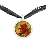 Red Rose Flowers in Glass Tumbler Art Painting Pendant Necklace in Silver Tone