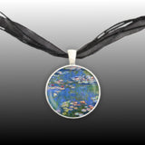 Water Lillies w/ Blue Water Monet Art Painting Pendant Necklace in Silver Tone