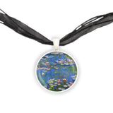 Water Lillies w/ Blue Water Monet Art Painting Pendant Necklace in Silver Tone