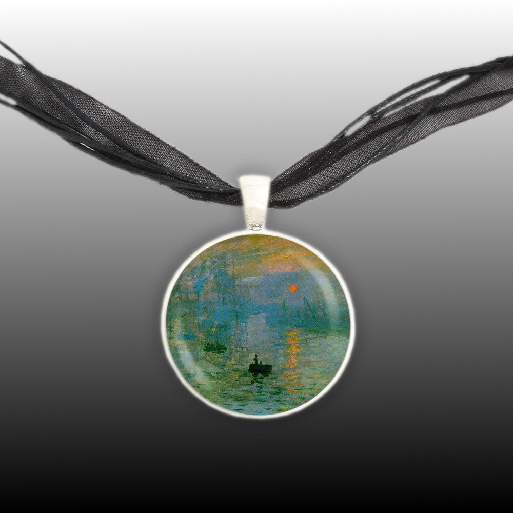 Sun Rising Over Water From Impression, Sunrise Monet Art Painting Pendant Necklace in Silver Tone