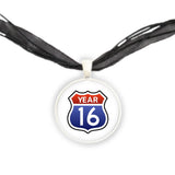 Life Is A Highway Year 2016 Route Sign Illustration Pendant Necklace in Silver Tone, Celebrate Birth Year, Anniversary