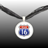Life Is A Highway Year 2016 Route Sign Illustration Pendant Necklace in Silver Tone, Celebrate Birth Year, Anniversary