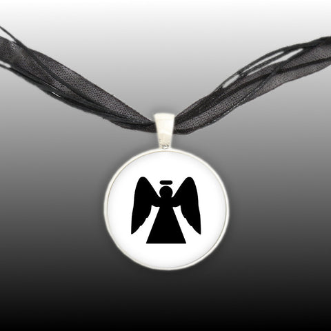Angel Silhouette w/ White Background 1" Pendant Necklace in Silver Tone