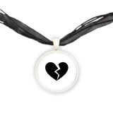 Broken Heart Silhouette w/ White Background Pendant Necklace in Silver Tone