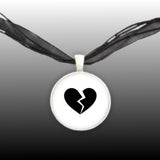 Broken Heart Silhouette w/ White Background Pendant Necklace in Silver Tone