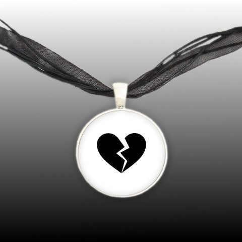 Broken Heart Silhouette w/ White Background 1" Pendant Necklace in Silver Tone