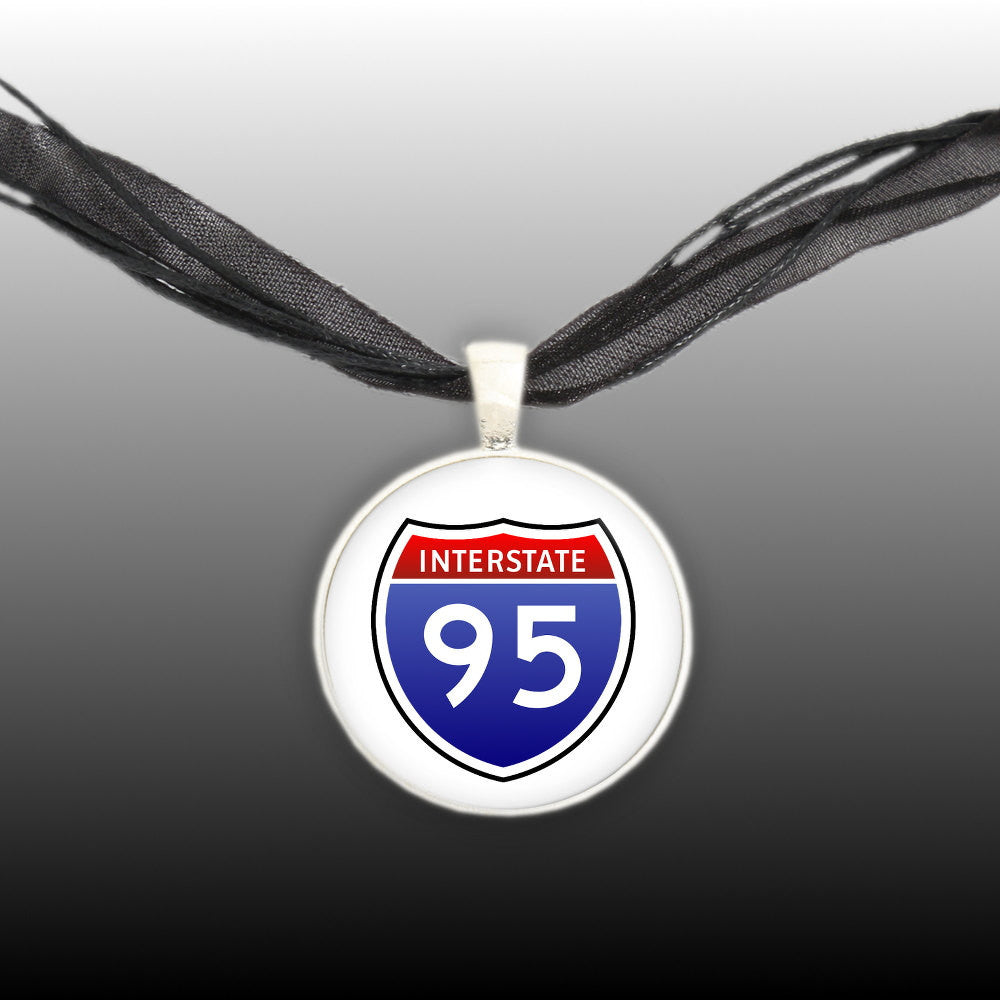 Interstate 95 Sign Red, White & Blue USA Travel Illustration Pendant Necklace in Silver Tone