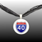 Interstate 40 Sign Red, White & Blue USA Travel Illustration Pendant Necklace in Silver Tone