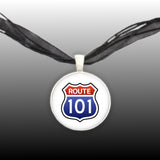 Route 101 Sign Red, White & Blue USA Travel Illustration Pendant Necklace in Silver Tone