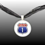 Route 1 Sign Red, White & Blue USA Travel Illustration Pendant Necklace in Silver Tone, Maine to Florida