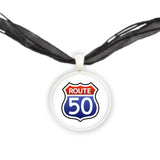 The Loneliest Road Route 50 Sign Red, White & Blue USA Travel Pendant Necklace in Silver Tone, Maryland to California