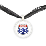 Road to Nowhere Route 83 Sign Red, White & Blue USA Travel Pendant Necklace in Silver Tone, North Dakota to Texas
