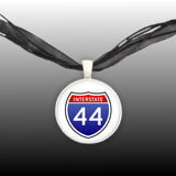 Interstate 44 Sign Red, White & Blue USA Travel Illustration Pendant Necklace in Silver Tone