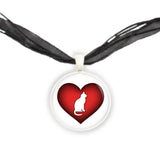 White Kitty Cat Silhouette on Puffy Red Heart Pendant Necklace in Silver Tone