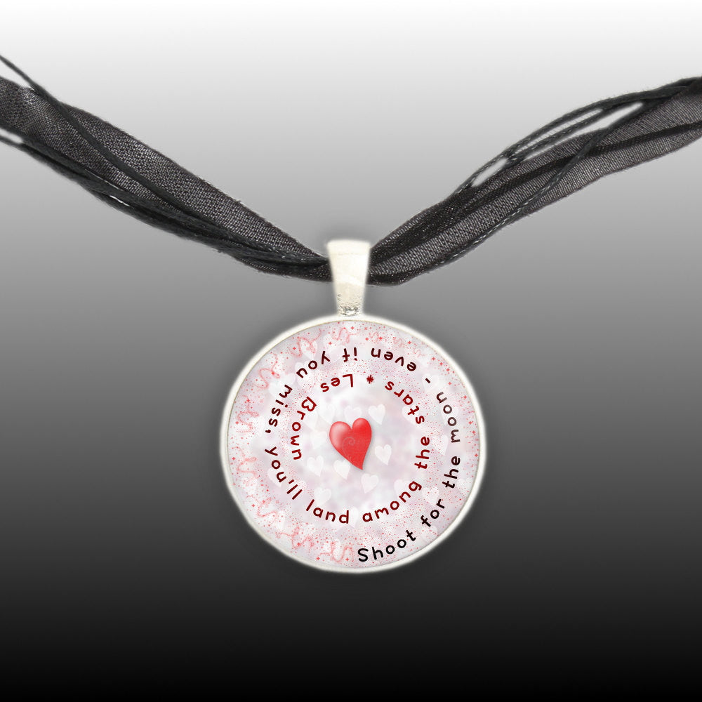 Shoot for the Moon ... Les Brown Quote Heart Swirl Pendant Necklace in Silver Tone