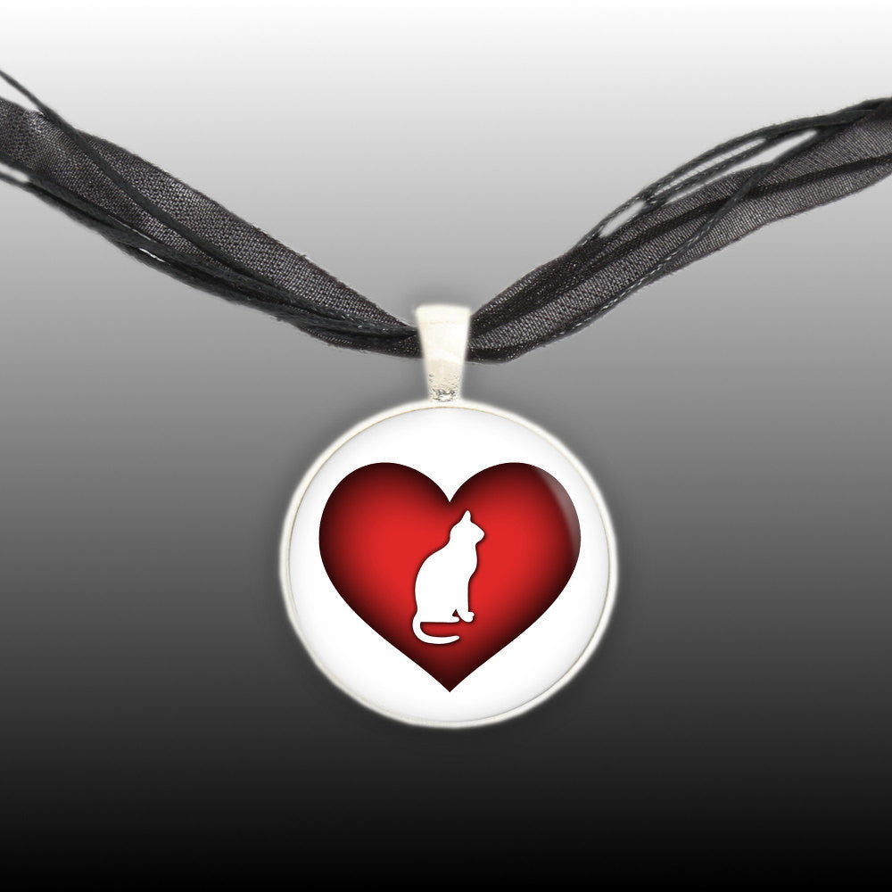 White Kitty Cat Silhouette on Puffy Red Heart Pendant Necklace in Silver Tone