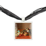 Curious Tabby Kitties Intently Watching Goldfish Art Painting Pendant Necklace in Silver Tone