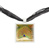 Peacock Fully Displaying Feathers Art Painting Pendant Necklace in Silver Tone
