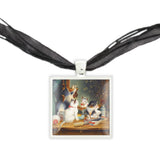 Kitty Cats Playing on a Bedroom Dresser Art Painting Pendant Necklace in Silver Tone