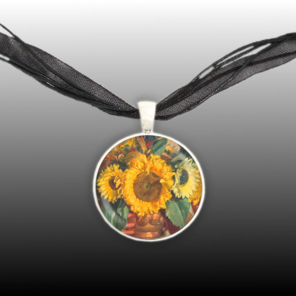 Sunflowers in a Copper Pot Art Painting Pendant Necklace in Silver Tone