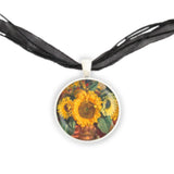 Sunflowers in a Copper Pot Art Painting Pendant Necklace in Silver Tone