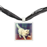 White Angora Kitten Art Painting Pendant Necklace in Silver Tone