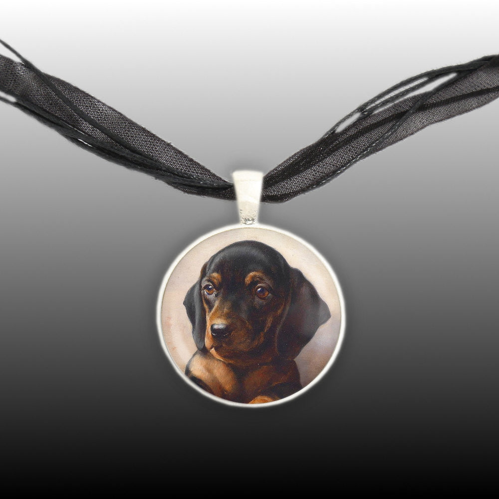 Dachshund Puppy Portrait Art Painting Pendant Necklace in Silver Tone