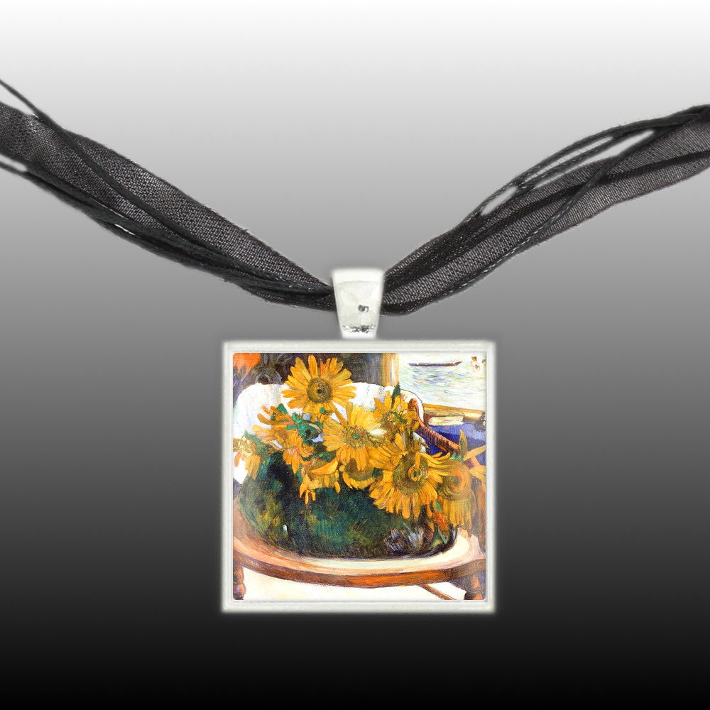 Sunflowers on an Armchair Gauguin Art Painting Pendant Necklace in Silver Tone