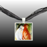 Red & White Cats Art Painting Pendant Necklace in Silver Tone