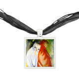 Red & White Cats Art Painting Pendant Necklace in Silver Tone