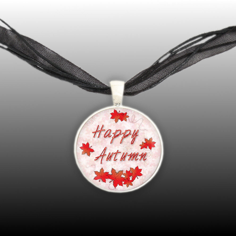 Happy Autumn with Falling Red Leaves Pendant Necklace in Silver Tone, Celebrate Fall, Harvest, Halloween