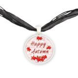 Happy Autumn with Falling Red Leaves Pendant Necklace in Silver Tone, Celebrate Fall, Harvest, Halloween