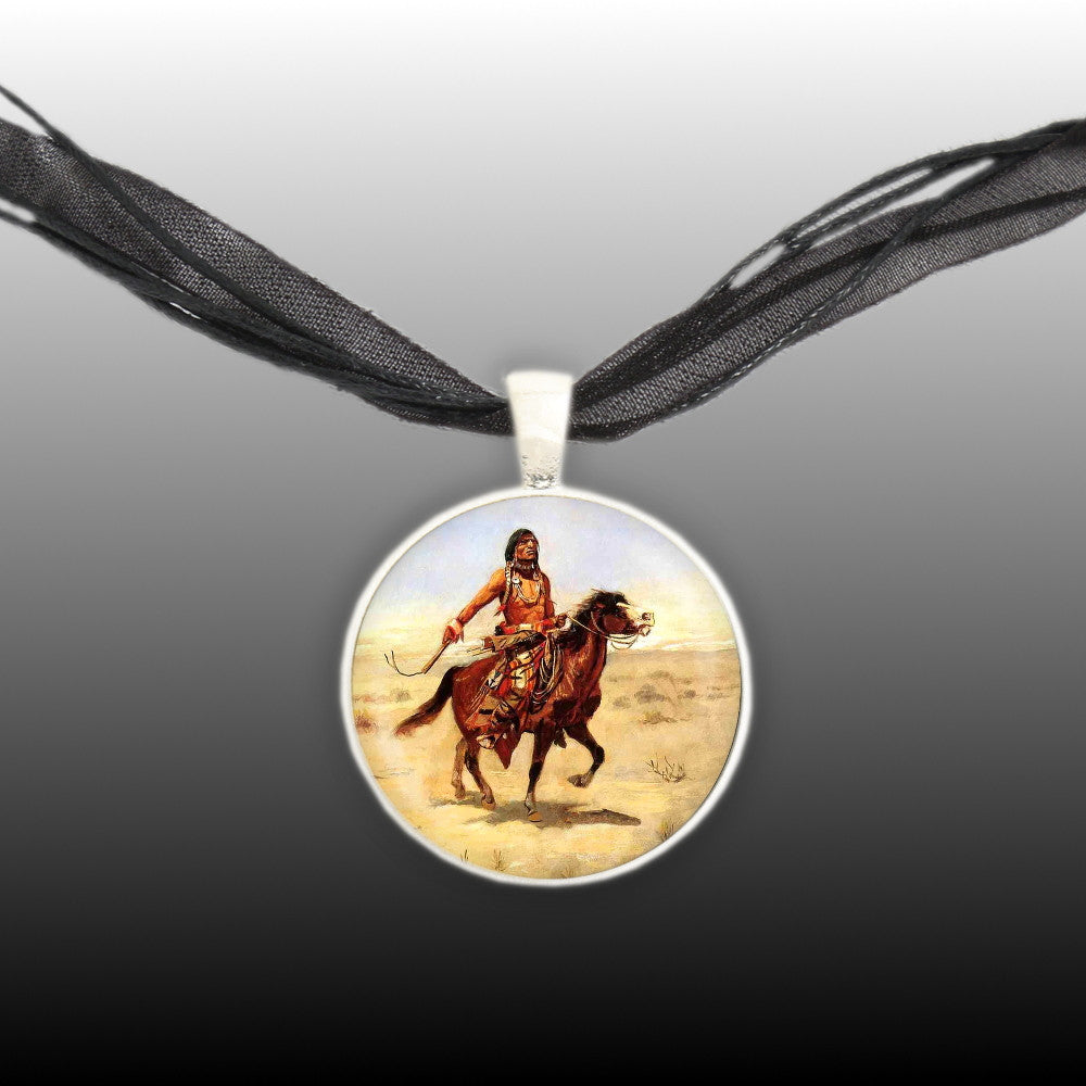 Native American Indian Riding Horse Russell Art Painting 1" Pendant Necklace in Silver Tone