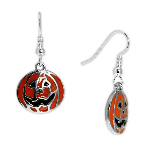 Black Toothed & Smilin' Orange Jack-o-lantern Pumpkin Earrings in Silver Tone Celebrate Halloween, Autumn